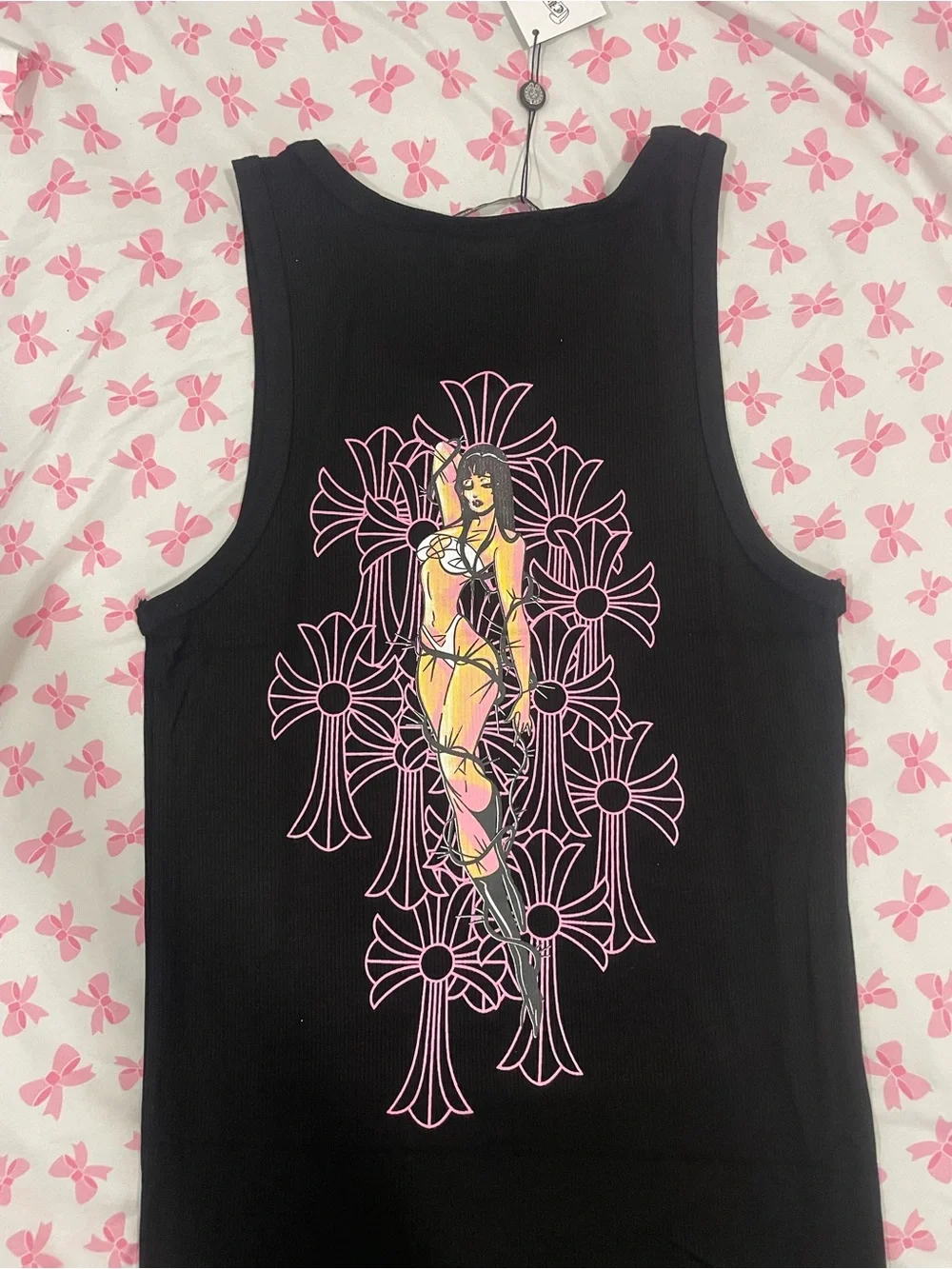 Chrome hearts deadly doll Graphic Tank Top with Pink Floral Cross Design - Picture 3 of 4
